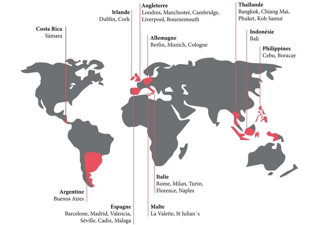 Carte des séjours linguistiques Sherwood School Carte des séjours linguistiques Sherwood School : apprenez l'anglais en Angleterre, Irlande ou Malte, l'espagnol en Espagne, Argentine ou Costa Rica, l'allemand en Allemagne et l'italien en Italie. Immersion aussi en Thaïlande, Philippines et Indonésie.